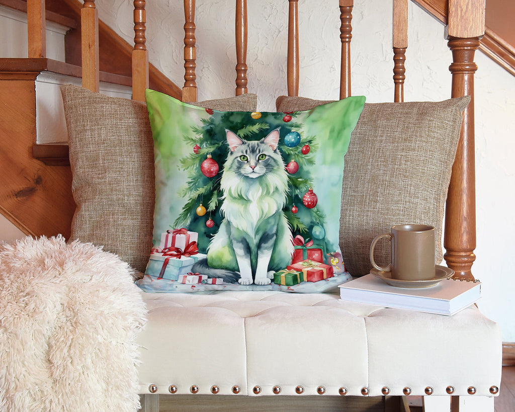 Oriental Longhair Cat By the Christmas Tree Decorative Throw Pillow 14x14 Indoor Outdoor Accent Cushion, Fabric Cover with Insert for Sofa, Bed, Porch & Living Room