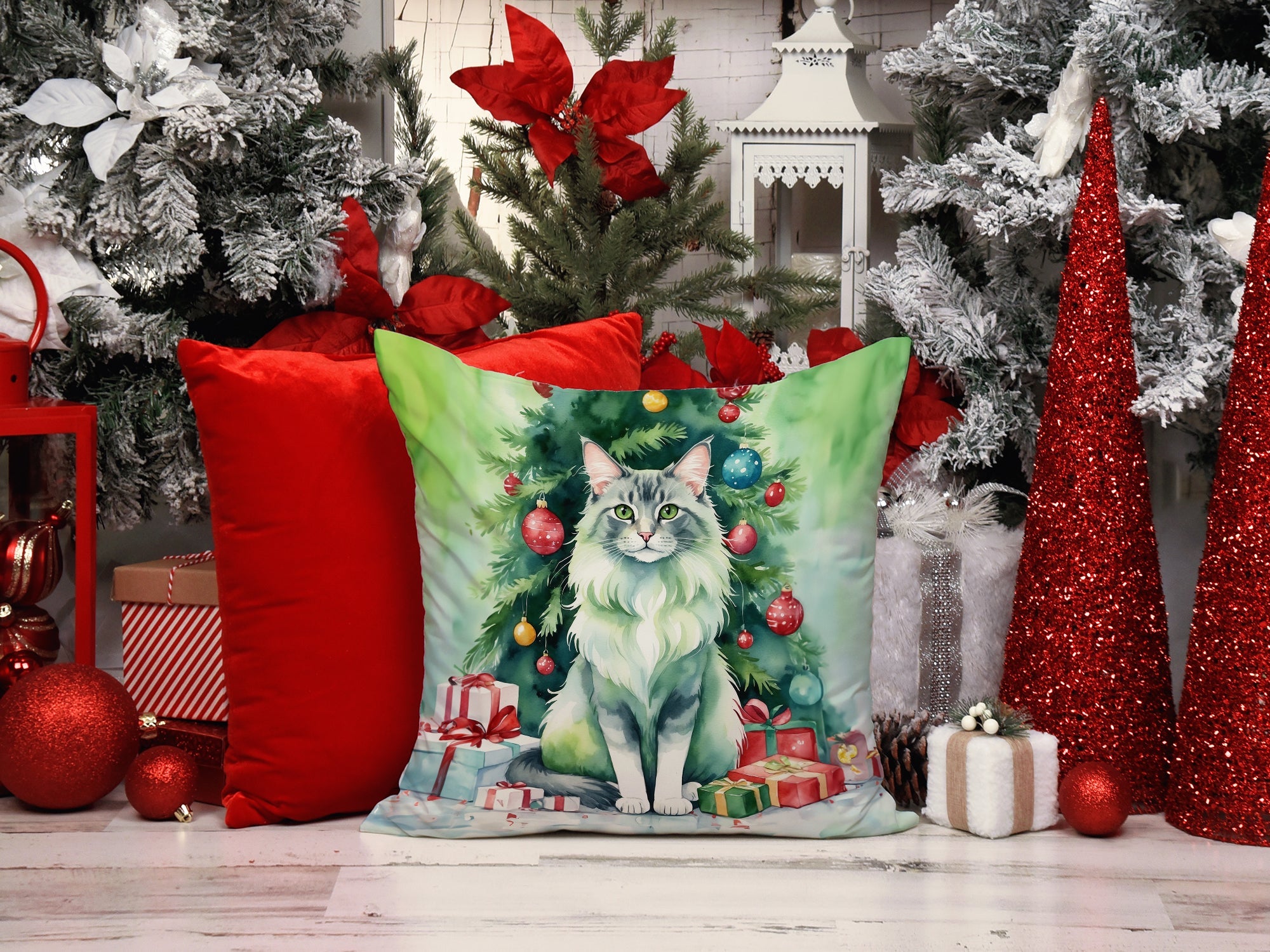 Oriental Longhair Cat By the Christmas Tree Decorative Throw Pillow 18x18 Indoor Outdoor Accent Cushion, Fabric Cover with Insert for Sofa, Bed, Porch & Living Room