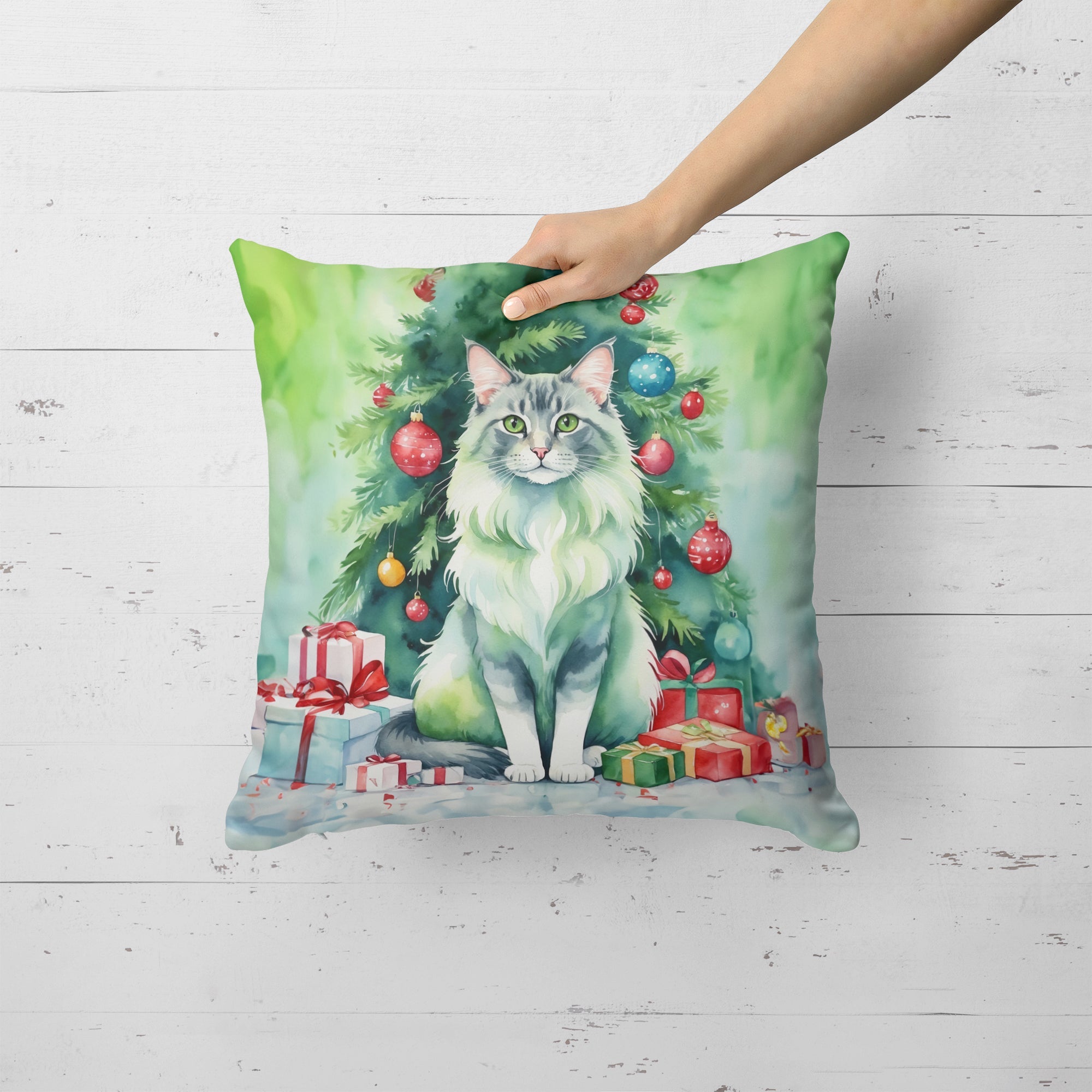 Oriental Longhair Cat By the Christmas Tree Decorative Throw Pillow 18x18 Indoor Outdoor Accent Cushion, Fabric Cover with Insert for Sofa, Bed, Porch & Living Room