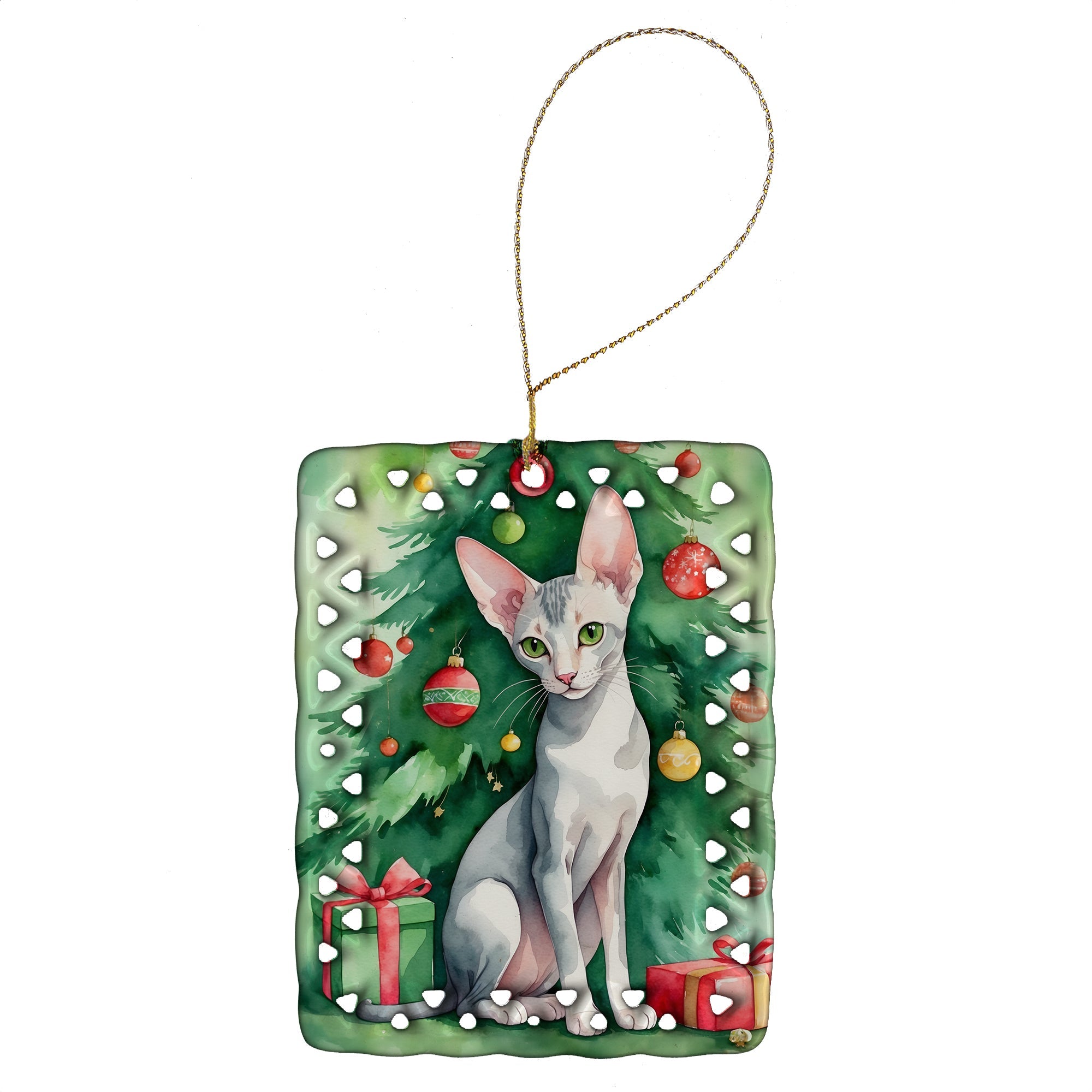 Oriental Shorthair Cat By the Christmas Tree Porcelain Ornament Christmas Tree Hanging Decorations for Home Christmas Holiday, Rectangle, Gift, Multicolor