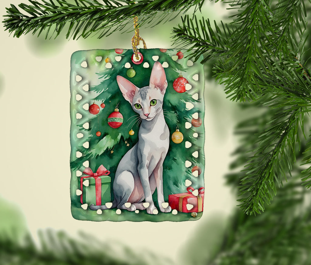 Oriental Shorthair Cat By the Christmas Tree Porcelain Ornament Christmas Tree Hanging Decorations for Home Christmas Holiday, Rectangle, Gift, Multicolor