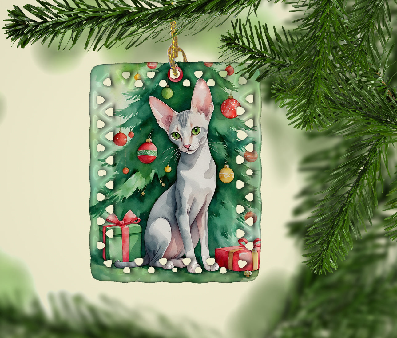 Oriental Shorthair Cat By the Christmas Tree Porcelain Ornament Christmas Tree Hanging Decorations for Home Christmas Holiday, Rectangle, Gift, Multicolor