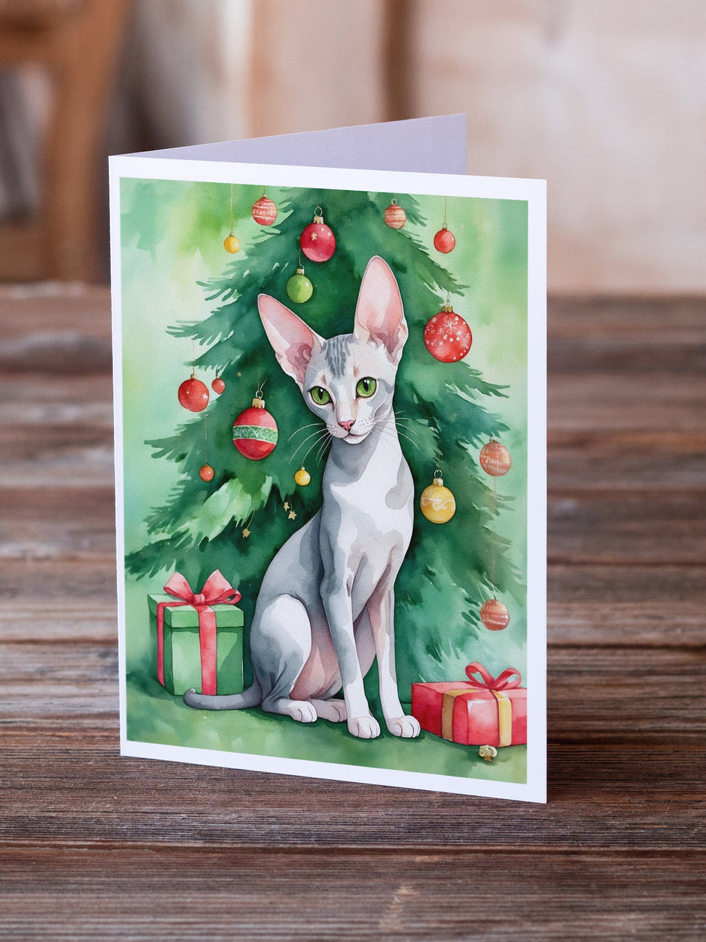 Oriental Shorthair Cat By the Christmas Tree Greeting Cards Pack of 8 Blank Cards with Envelopes Whimsical A7 Size 5x7