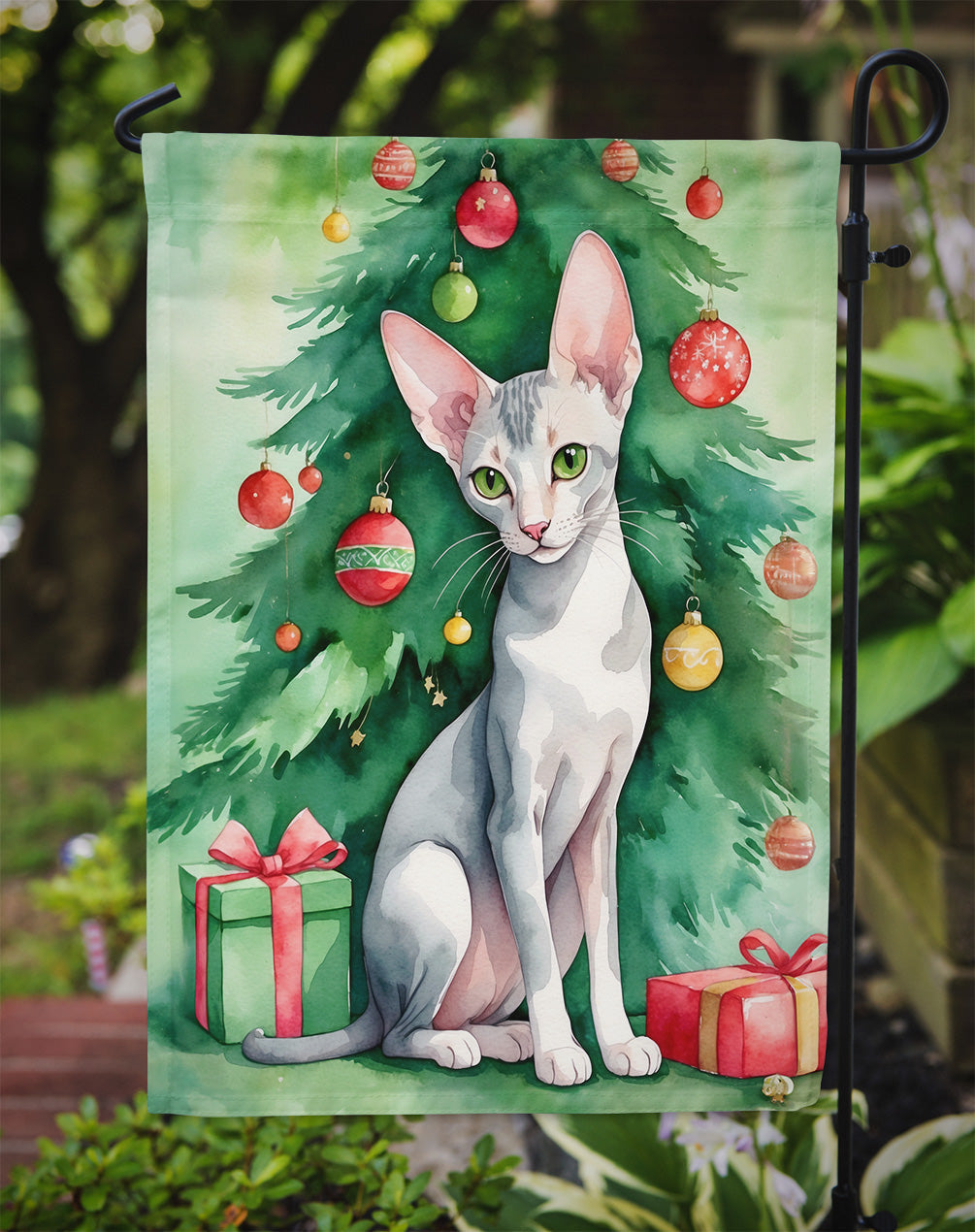 Oriental Shorthair Cat By the Christmas Tree Garden Flag Mailbox Decorative Yard Banner Outside Patio Artwork for Flower Beds, Garden Size, Multicolor
