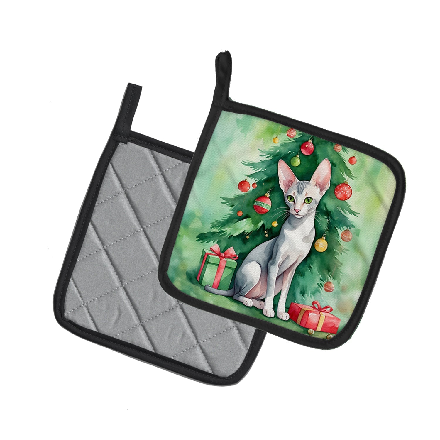 Oriental Shorthair Cat By the Christmas Tree Pot Holder Set of 2 Heat Resistant Quilted Hot Pads 7.5 x 7.5 Inch, Insulated Kitchen Trivets for Cooking & Baking