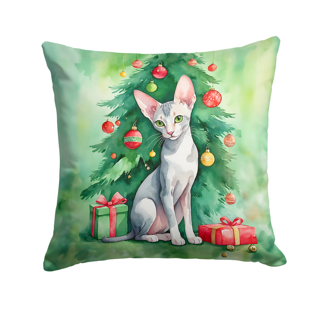 Oriental Shorthair Cat By the Christmas Tree Decorative Throw Pillow 14x14 Indoor Outdoor Accent Cushion, Fabric Cover with Insert for Sofa, Bed, Porch & Living Room