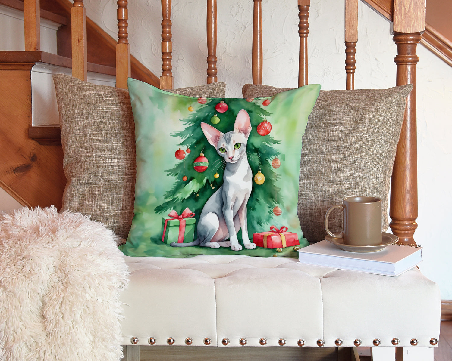 Oriental Shorthair Cat By the Christmas Tree Decorative Throw Pillow 14x14 Indoor Outdoor Accent Cushion, Fabric Cover with Insert for Sofa, Bed, Porch & Living Room
