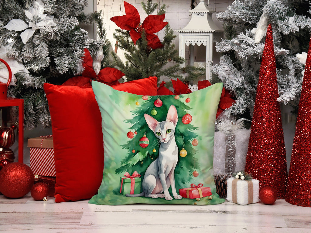 Oriental Shorthair Cat By the Christmas Tree Decorative Throw Pillow 18x18 Indoor Outdoor Accent Cushion, Fabric Cover with Insert for Sofa, Bed, Porch & Living Room