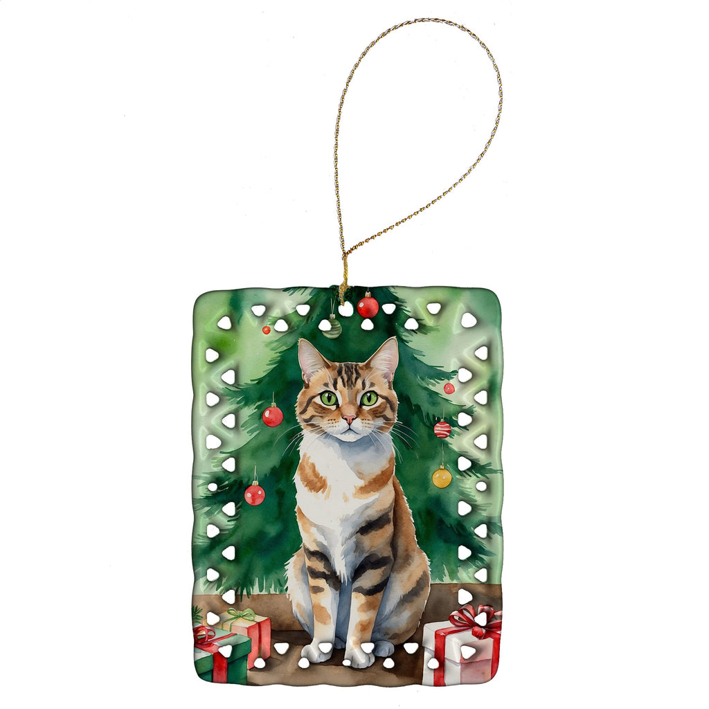 Owyhee Bob Cat By the Christmas Tree Porcelain Ornament Christmas Tree Hanging Decorations for Home Christmas Holiday, Rectangle, Gift, Multicolor