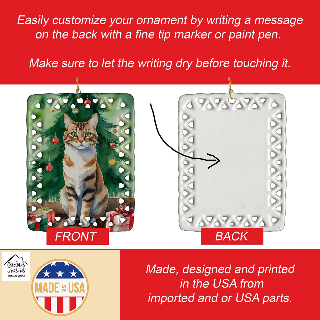 Owyhee Bob Cat By the Christmas Tree Porcelain Ornament Christmas Tree Hanging Decorations for Home Christmas Holiday, Rectangle, Gift, Multicolor