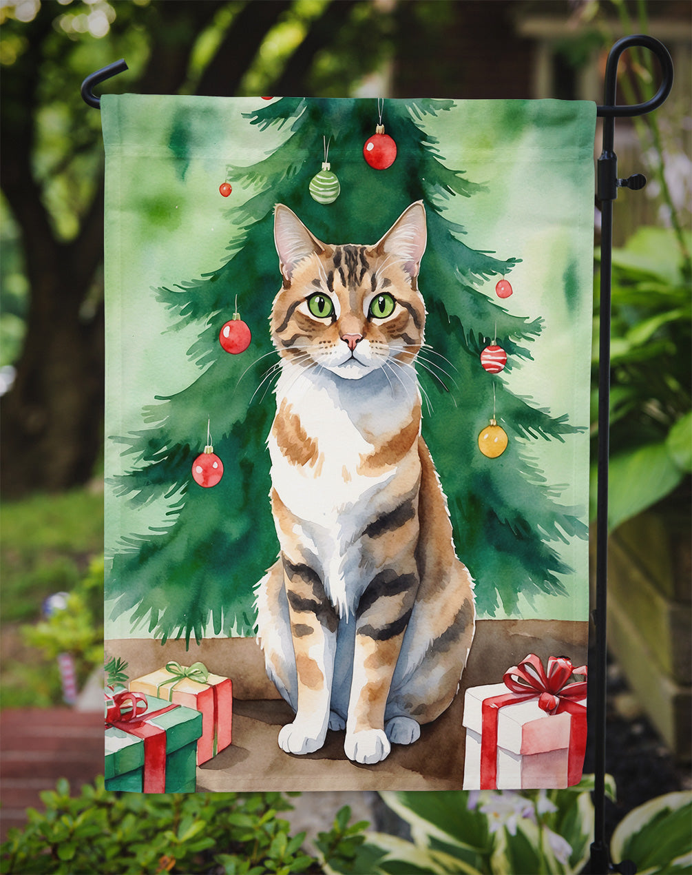 Owyhee Bob Cat By the Christmas Tree Garden Flag Mailbox Decorative Yard Banner Outside Patio Artwork for Flower Beds, Garden Size, Multicolor