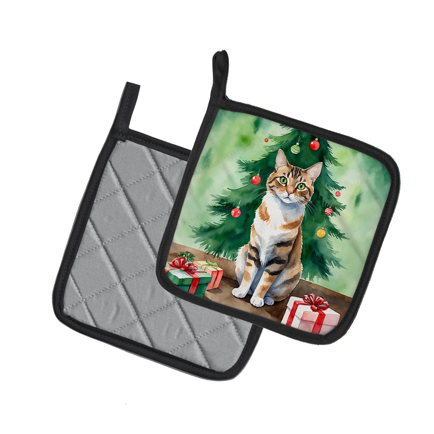 Owyhee Bob Cat By the Christmas Tree Pot Holder Set of 2 Heat Resistant Quilted Hot Pads 7.5 x 7.5 Inch, Insulated Kitchen Trivets for Cooking & Baking