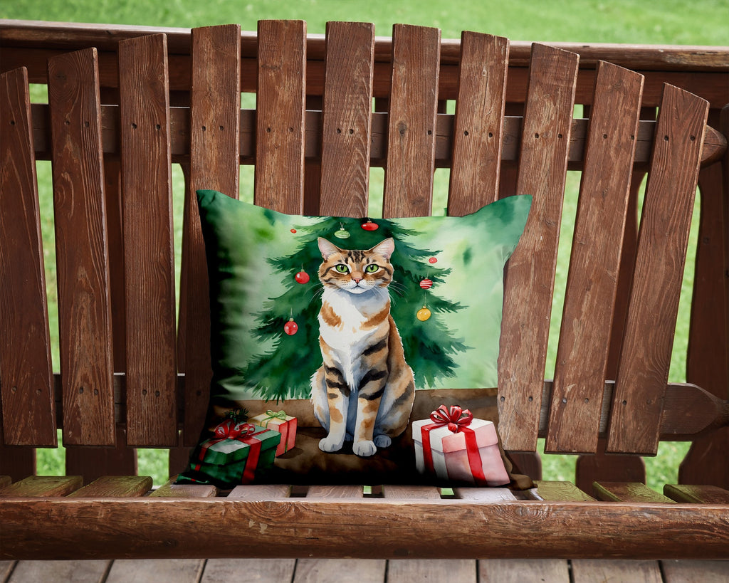 Owyhee Bob Cat By the Christmas Tree Decorative Throw Pillow 14x14 Indoor Outdoor Accent Cushion, Fabric Cover with Insert for Sofa, Bed, Porch & Living Room
