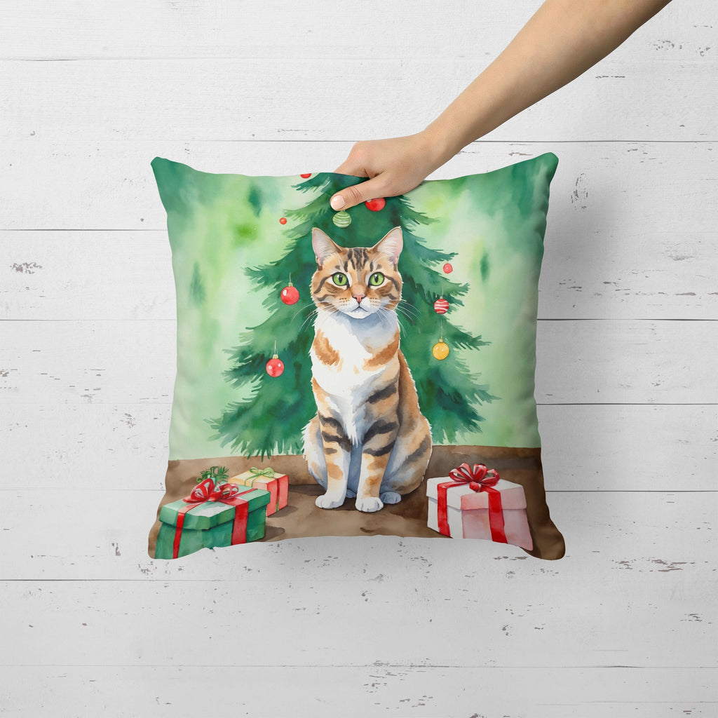 Owyhee Bob Cat By the Christmas Tree Decorative Throw Pillow 18x18 Indoor Outdoor Accent Cushion, Fabric Cover with Insert for Sofa, Bed, Porch & Living Room