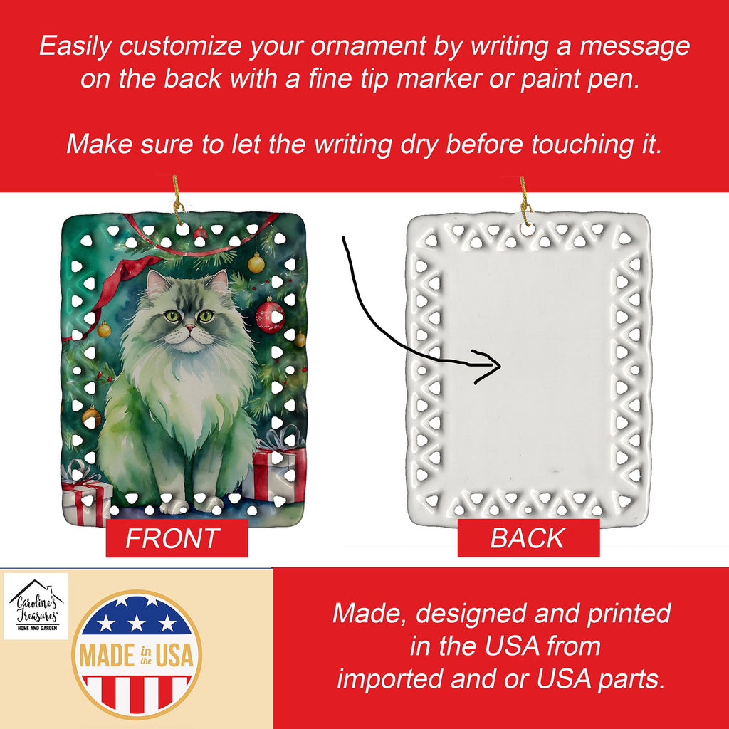 Persian Cat By the Christmas Tree Porcelain Ornament Christmas Tree Hanging Decorations for Home Christmas Holiday, Rectangle, Gift, Multicolor