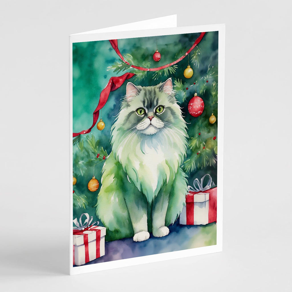 Persian Cat By the Christmas Tree Greeting Cards Pack of 8 Blank Cards with Envelopes Whimsical A7 Size 5x7