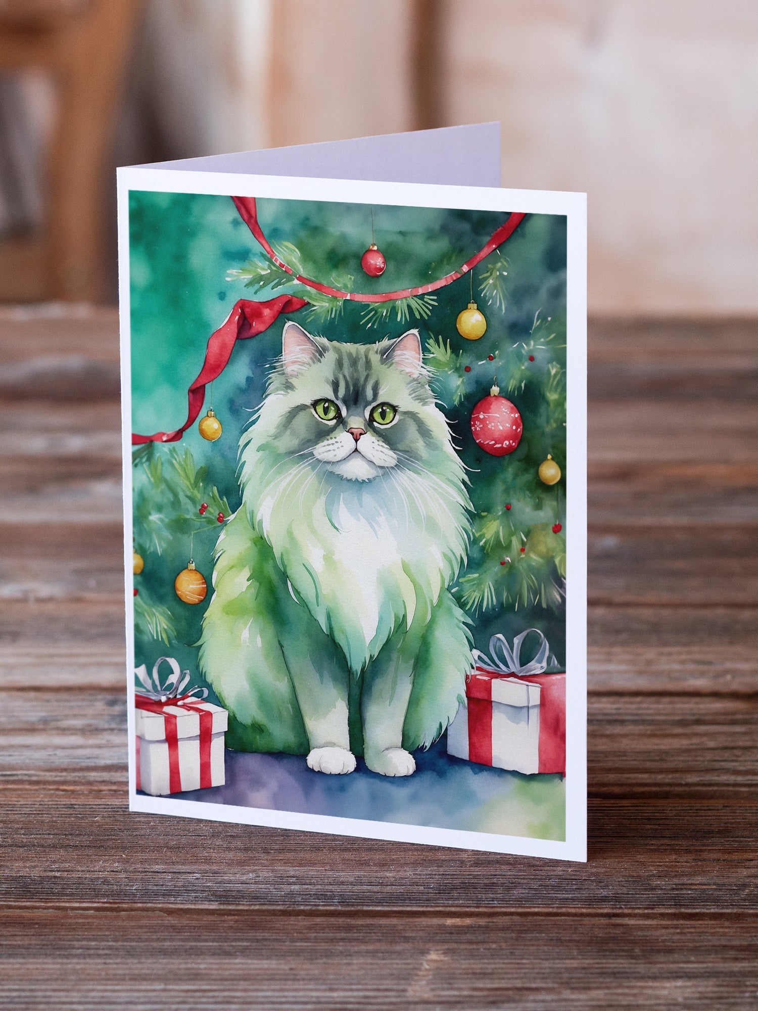 Persian Cat By the Christmas Tree Greeting Cards Pack of 8 Blank Cards with Envelopes Whimsical A7 Size 5x7