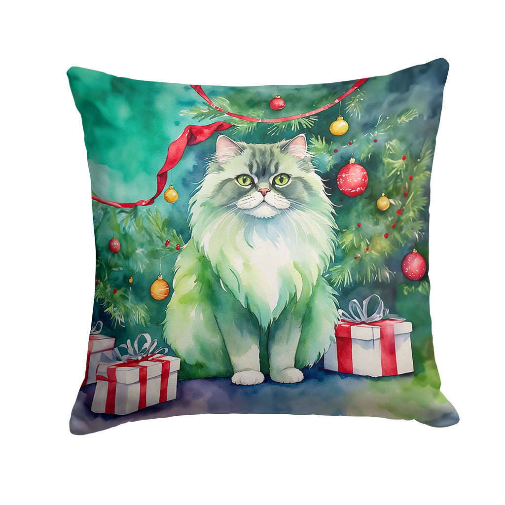 Persian Cat By the Christmas Tree Decorative Throw Pillow 14x14 Indoor Outdoor Accent Cushion, Fabric Cover with Insert for Sofa, Bed, Porch & Living Room