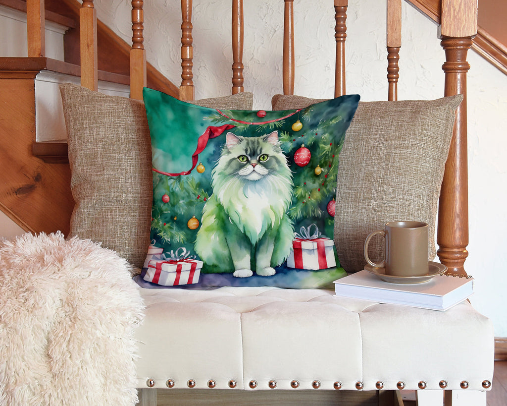 Persian Cat By the Christmas Tree Decorative Throw Pillow 14x14 Indoor Outdoor Accent Cushion, Fabric Cover with Insert for Sofa, Bed, Porch & Living Room