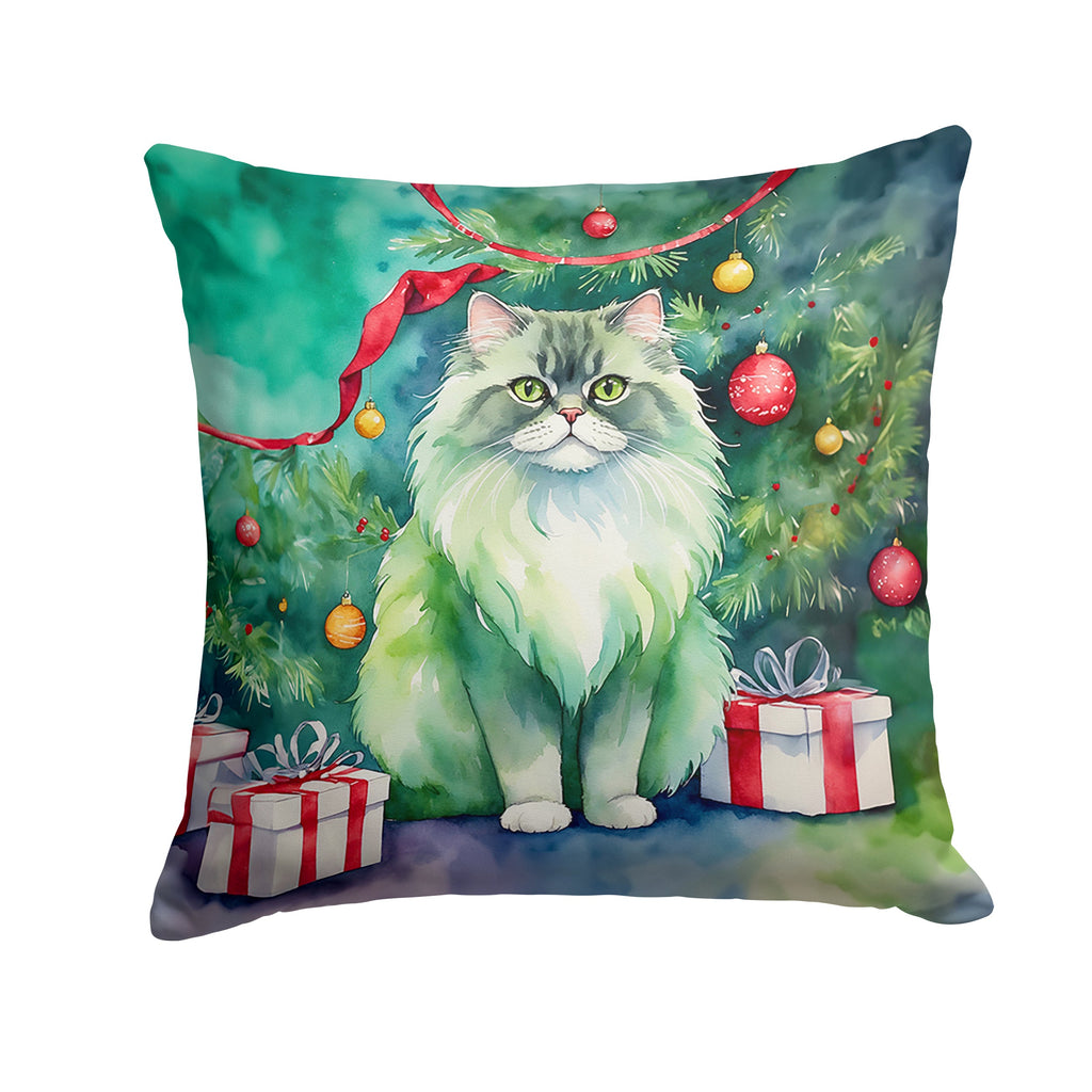 Persian Cat By the Christmas Tree Decorative Throw Pillow 18x18 Indoor Outdoor Accent Cushion, Fabric Cover with Insert for Sofa, Bed, Porch & Living Room