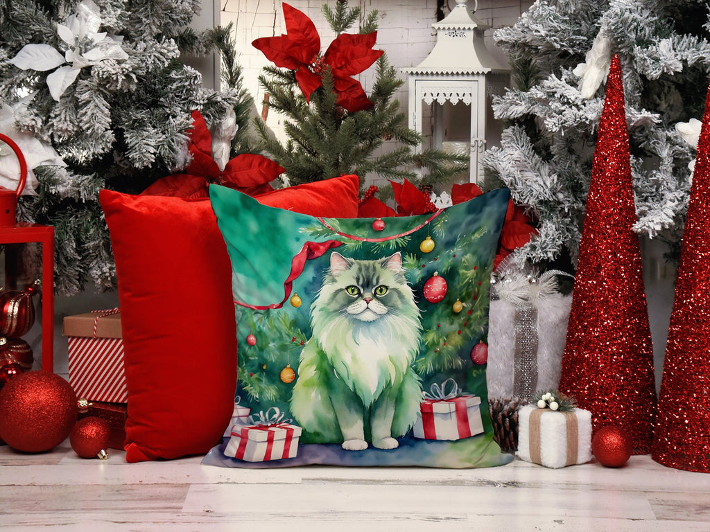 Persian Cat By the Christmas Tree Decorative Throw Pillow 18x18 Indoor Outdoor Accent Cushion, Fabric Cover with Insert for Sofa, Bed, Porch & Living Room