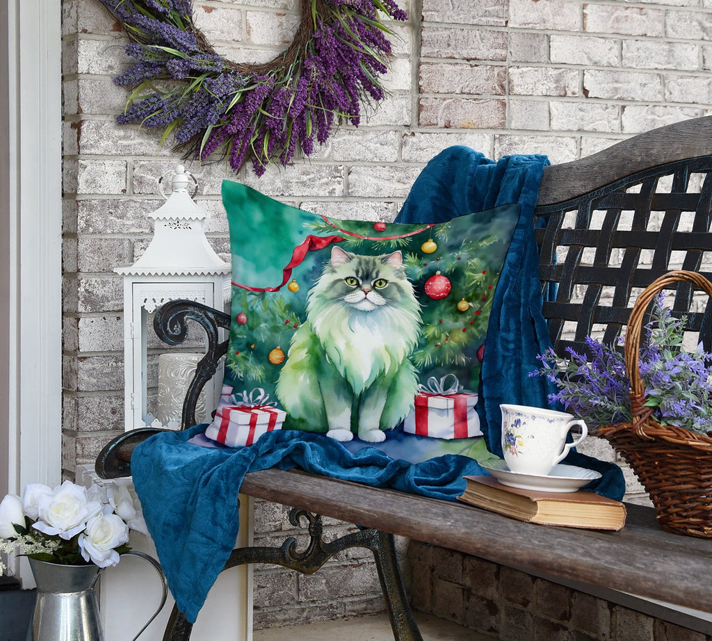 Persian Cat By the Christmas Tree Decorative Throw Pillow 18x18 Indoor Outdoor Accent Cushion, Fabric Cover with Insert for Sofa, Bed, Porch & Living Room