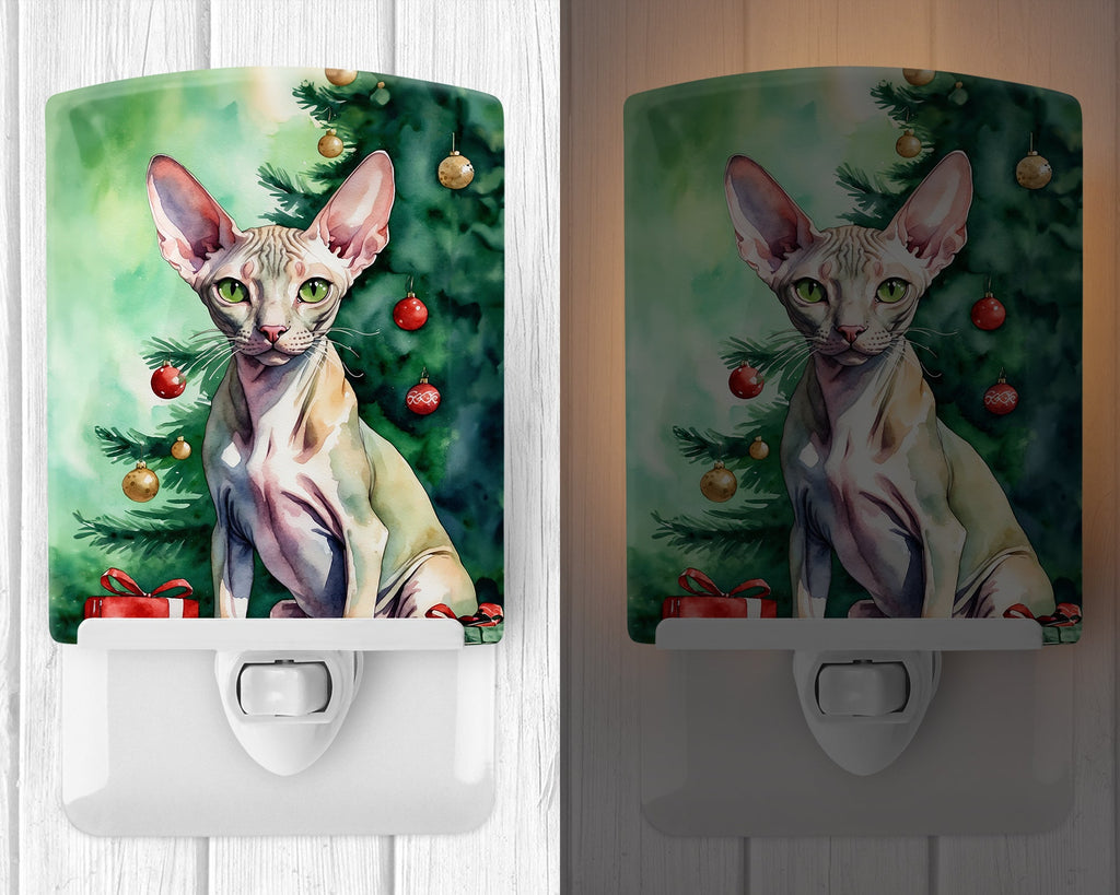 Peterbald Cat By the Christmas Tree Ceramic Night Light Compact, UL-Certified, Ideal for Bedroom, Bathroom, Nursery, Hallway, Kitchen, 6x4x3, Multicolor