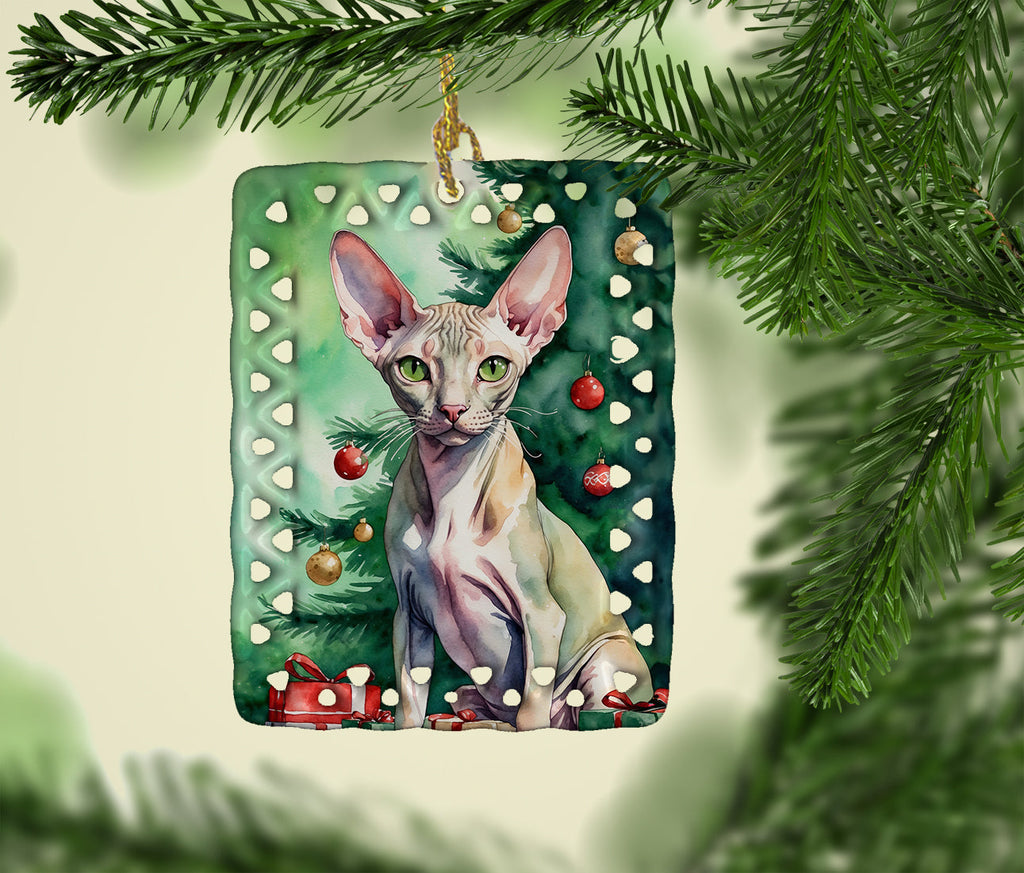 Peterbald Cat By the Christmas Tree Porcelain Ornament Christmas Tree Hanging Decorations for Home Christmas Holiday, Rectangle, Gift, Multicolor