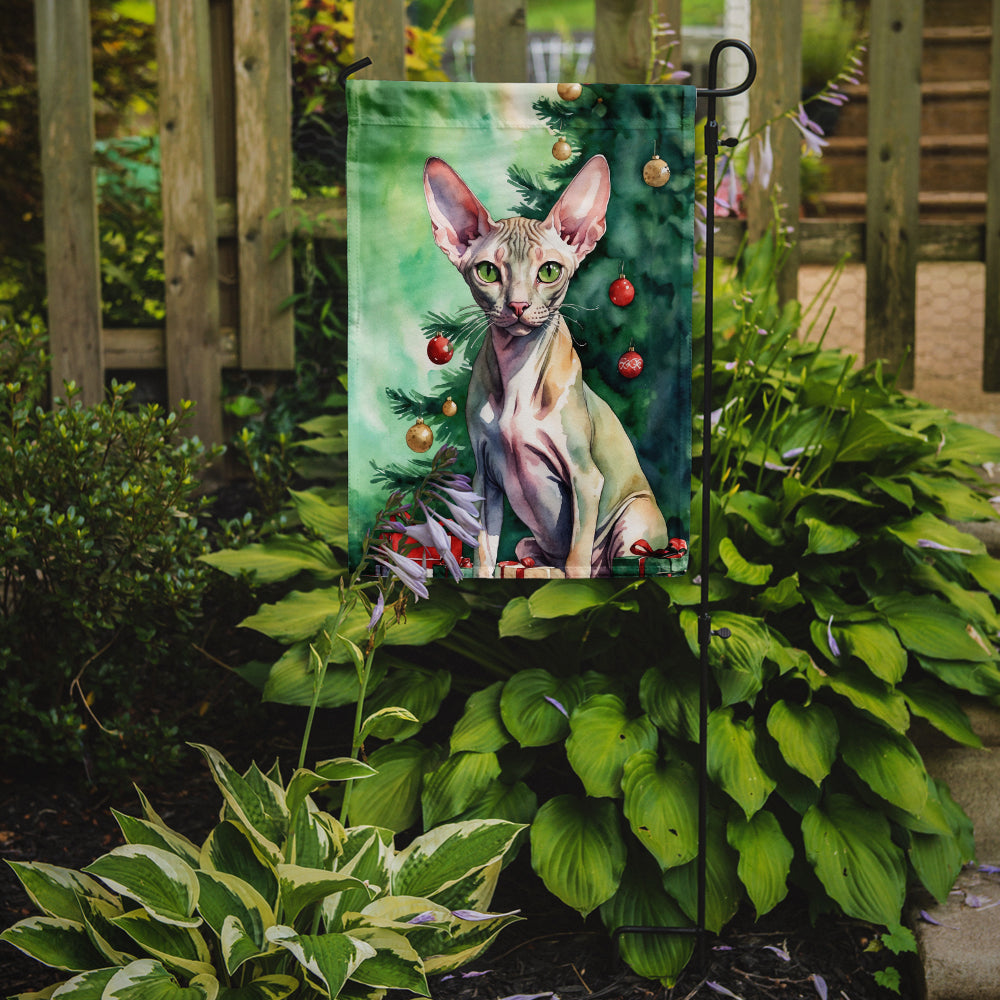 Peterbald Cat By the Christmas Tree Garden Flag Mailbox Decorative Yard Banner Outside Patio Artwork for Flower Beds, Garden Size, Multicolor
