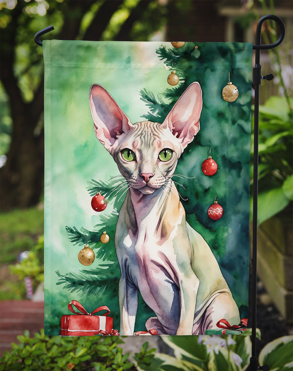 Peterbald Cat By the Christmas Tree Garden Flag Mailbox Decorative Yard Banner Outside Patio Artwork for Flower Beds, Garden Size, Multicolor