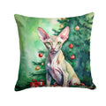 Peterbald Cat By the Christmas Tree Decorative Throw Pillow 14x14 Indoor Outdoor Accent Cushion, Fabric Cover with Insert for Sofa, Bed, Porch & Living Room