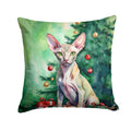Peterbald Cat By the Christmas Tree Decorative Throw Pillow 18x18 Indoor Outdoor Accent Cushion, Fabric Cover with Insert for Sofa, Bed, Porch & Living Room