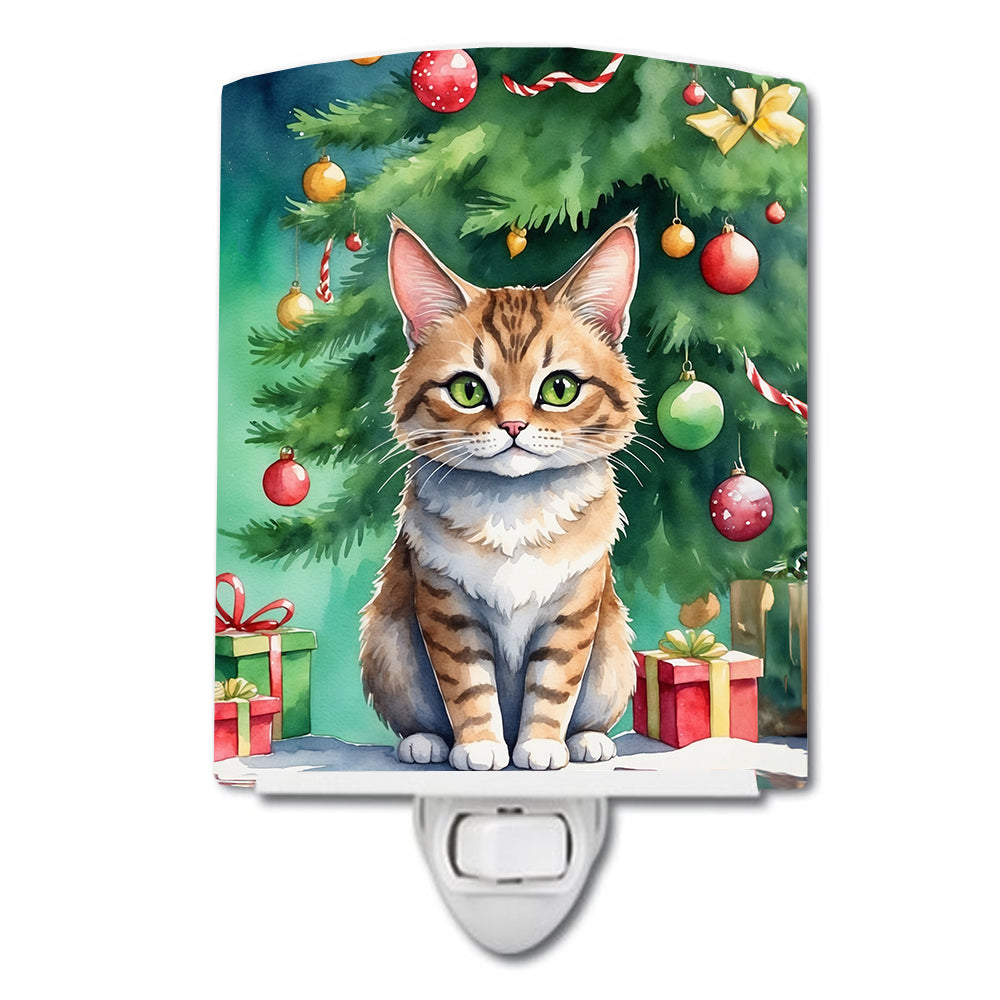 Pixie Bob Cat By the Christmas Tree Ceramic Night Light Compact, UL-Certified, Ideal for Bedroom, Bathroom, Nursery, Hallway, Kitchen, 6x4x3, Multicolor