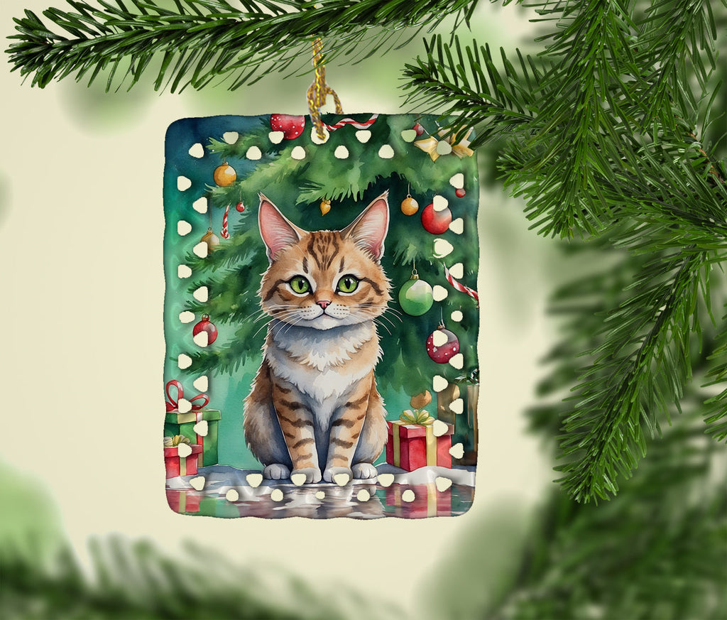 Pixie Bob Cat By the Christmas Tree Porcelain Ornament Christmas Tree Hanging Decorations for Home Christmas Holiday, Rectangle, Gift, Multicolor