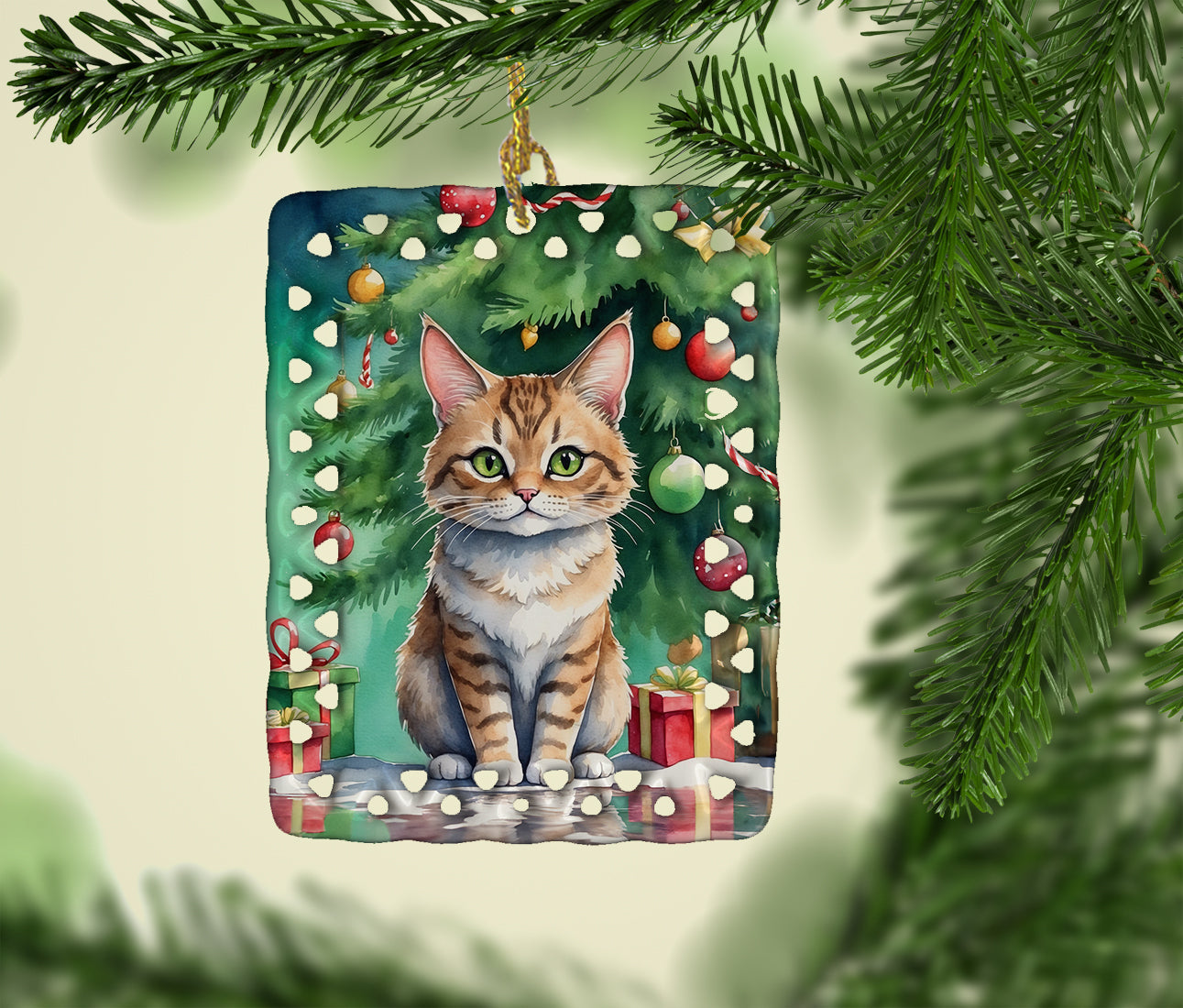 Pixie Bob Cat By the Christmas Tree Porcelain Ornament Christmas Tree Hanging Decorations for Home Christmas Holiday, Rectangle, Gift, Multicolor