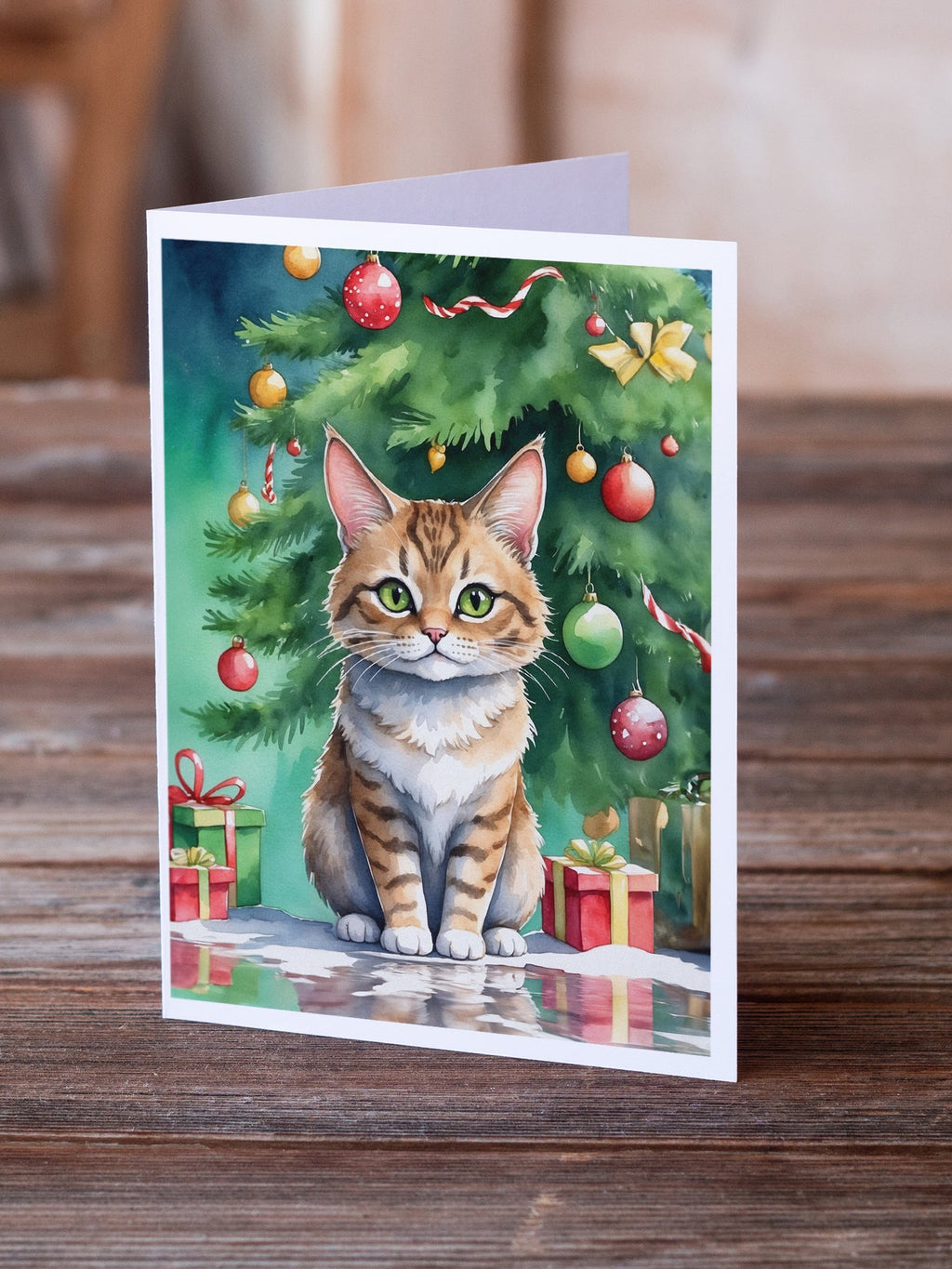 Pixie Bob Cat By the Christmas Tree Greeting Cards Pack of 8 Blank Cards with Envelopes Whimsical A7 Size 5x7