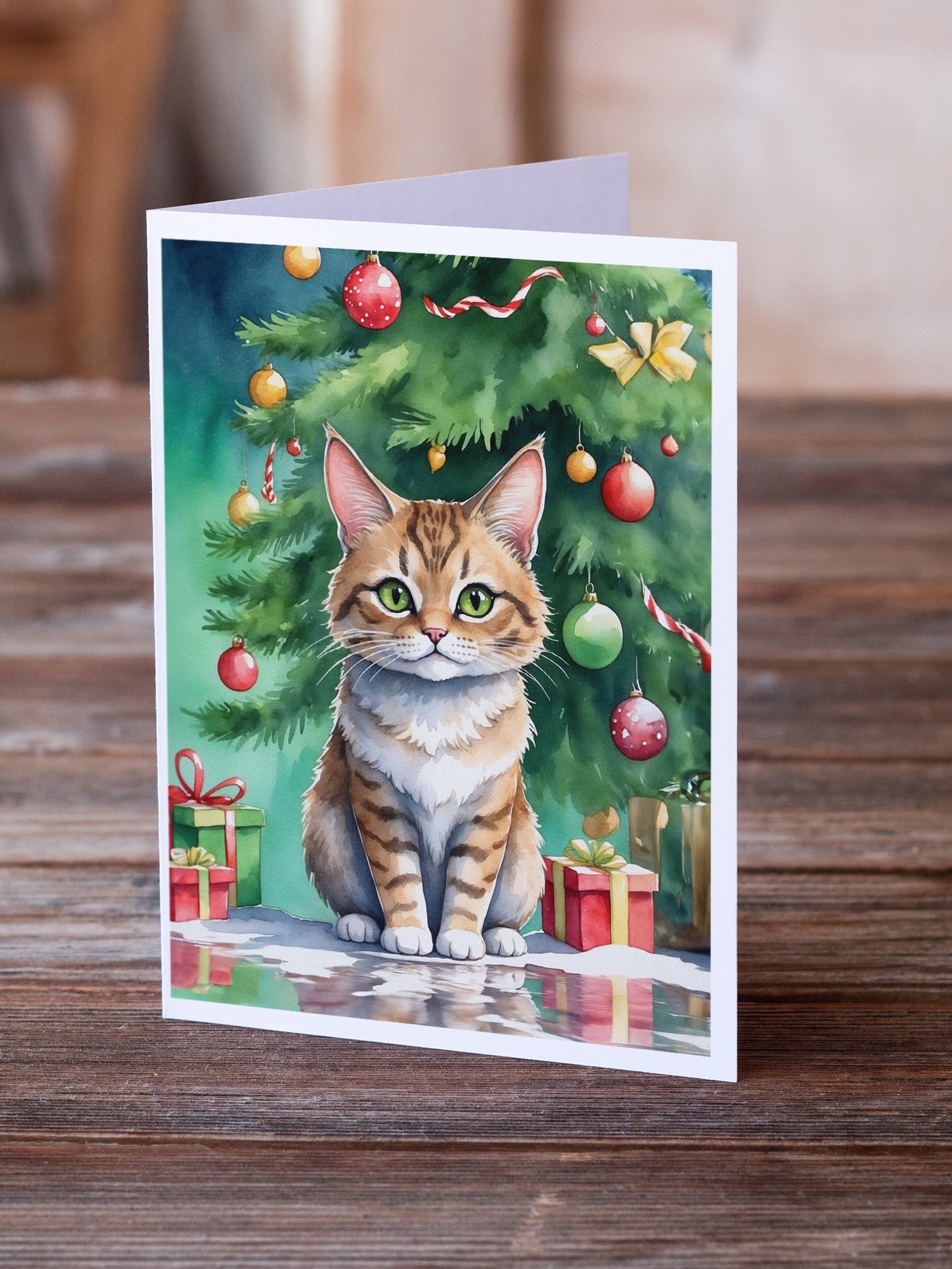 Pixie Bob Cat By the Christmas Tree Greeting Cards Pack of 8 Blank Cards with Envelopes Whimsical A7 Size 5x7