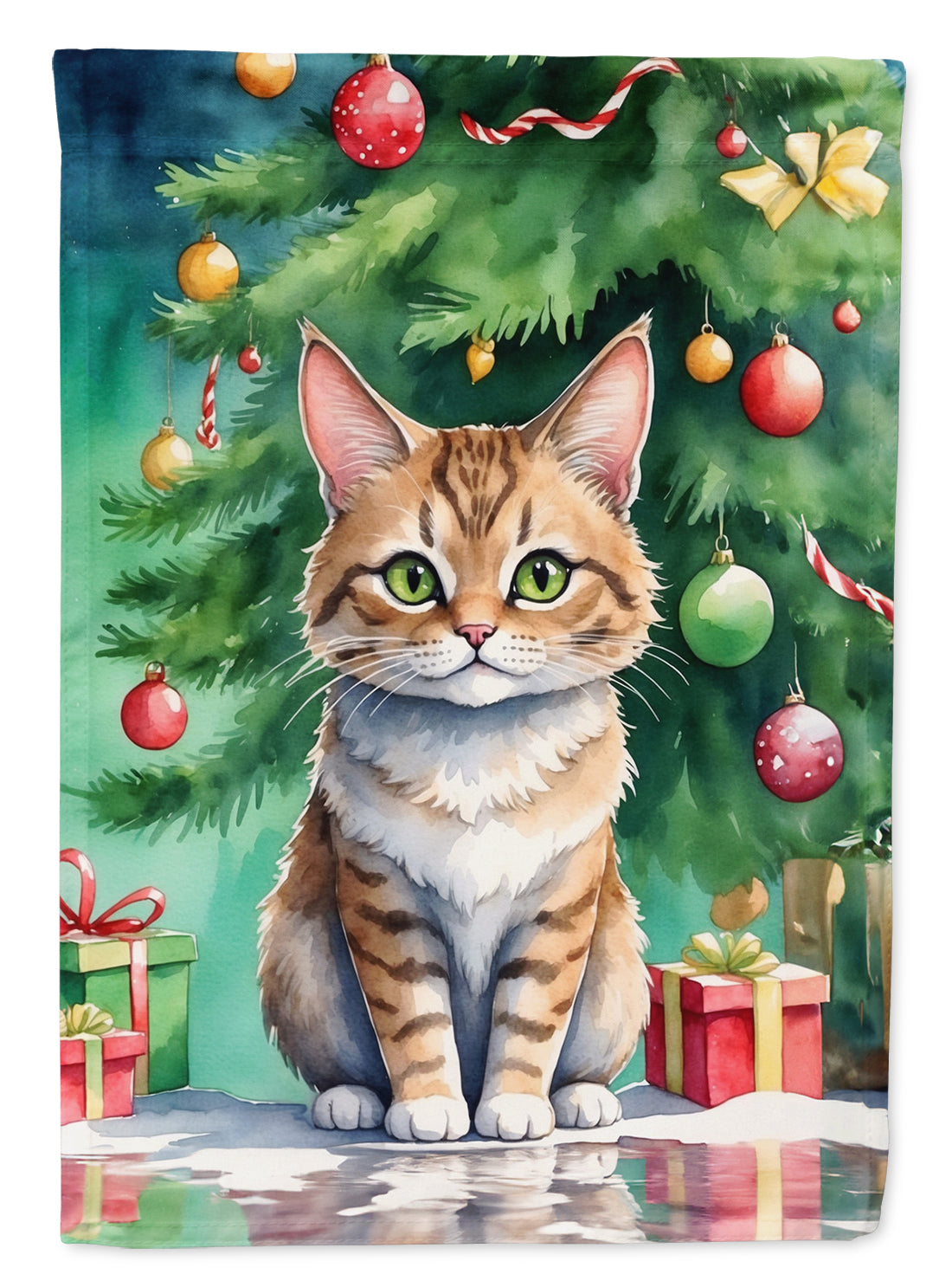 Pixie Bob Cat By the Christmas Tree Garden Flag Mailbox Decorative Yard Banner Outside Patio Artwork for Flower Beds, Garden Size, Multicolor