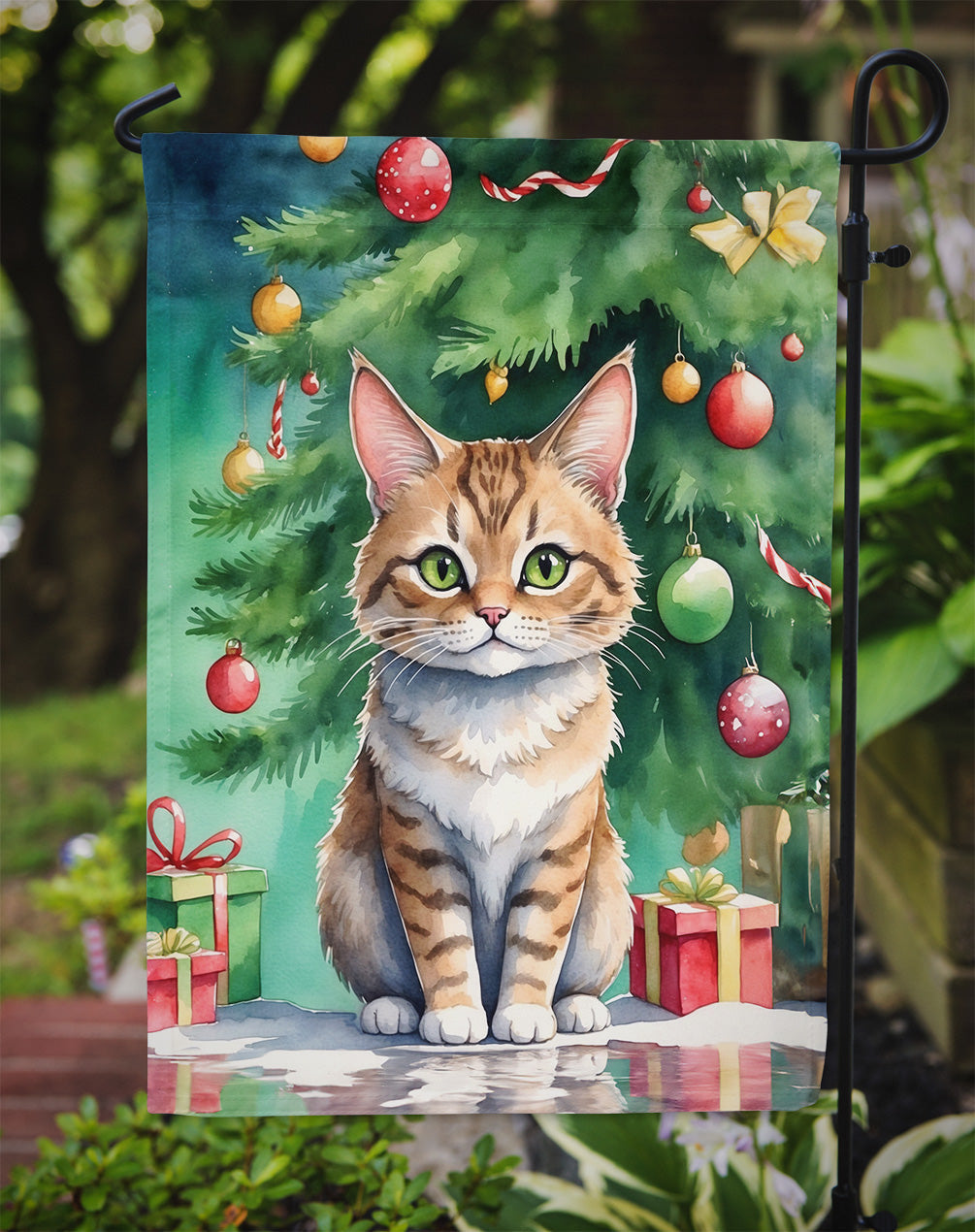 Pixie Bob Cat By the Christmas Tree Garden Flag Mailbox Decorative Yard Banner Outside Patio Artwork for Flower Beds, Garden Size, Multicolor