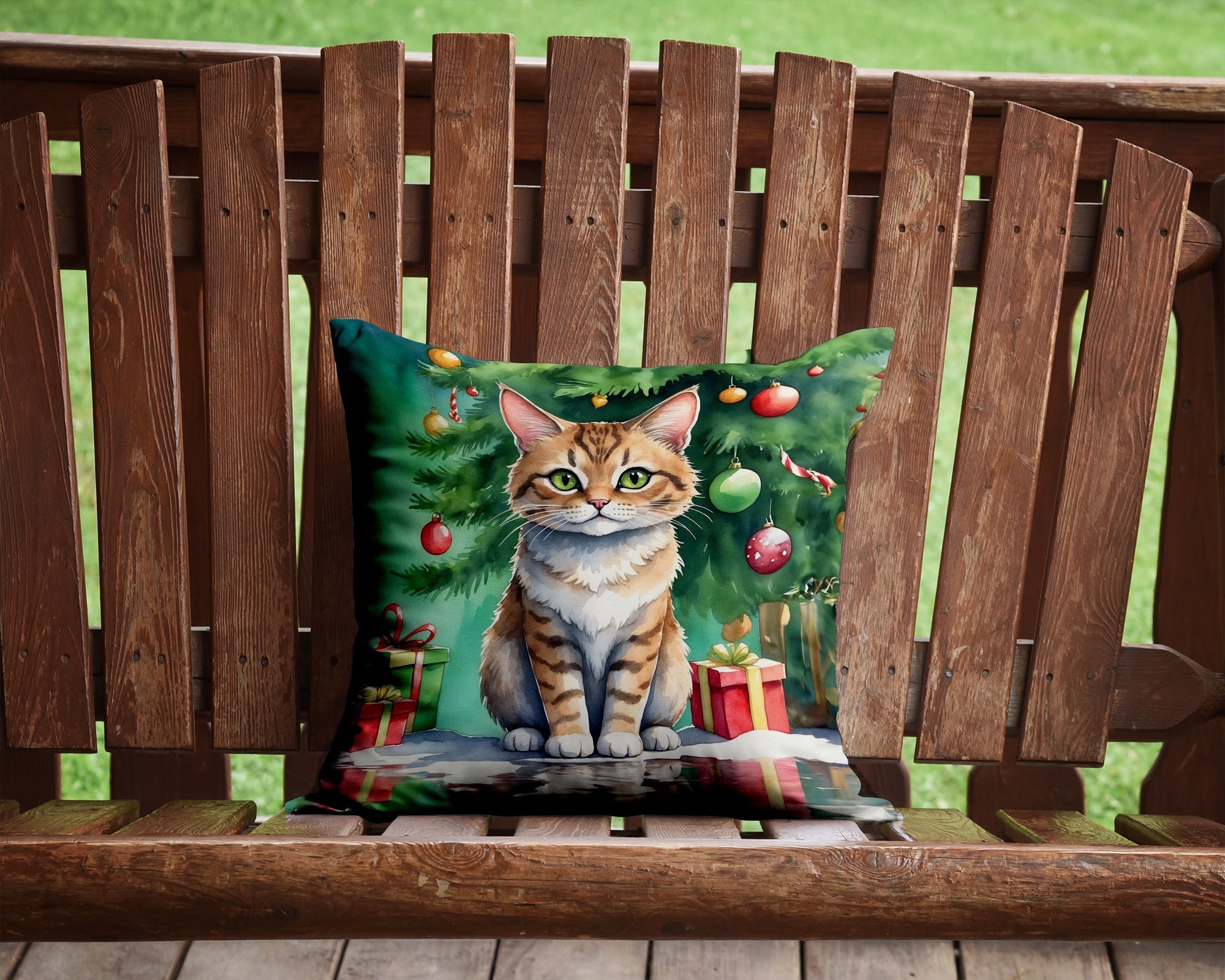 Pixie Bob Cat By the Christmas Tree Decorative Throw Pillow 14x14 Indoor Outdoor Accent Cushion, Fabric Cover with Insert for Sofa, Bed, Porch & Living Room