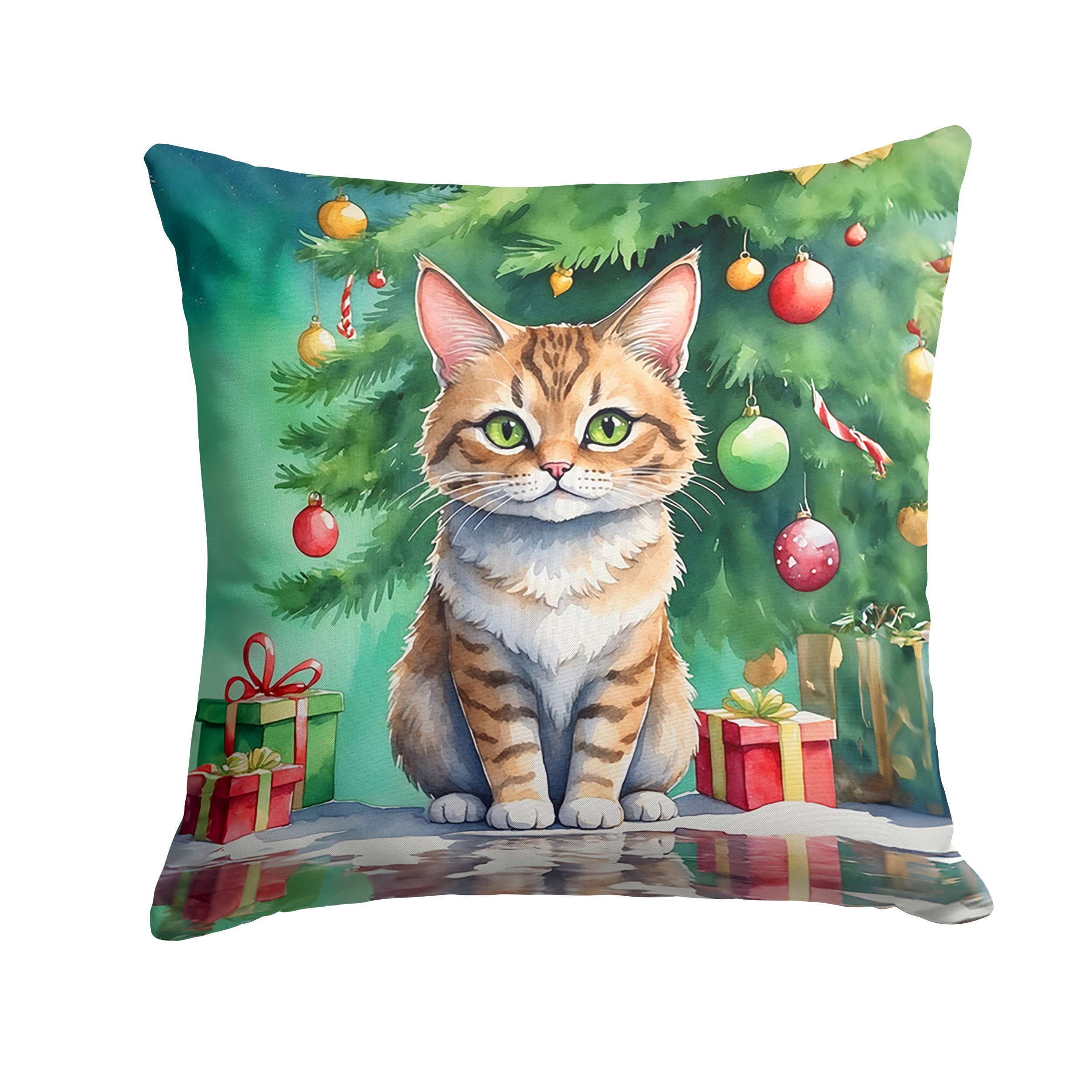 Pixie Bob Cat By the Christmas Tree Decorative Throw Pillow 18x18 Indoor Outdoor Accent Cushion, Fabric Cover with Insert for Sofa, Bed, Porch & Living Room