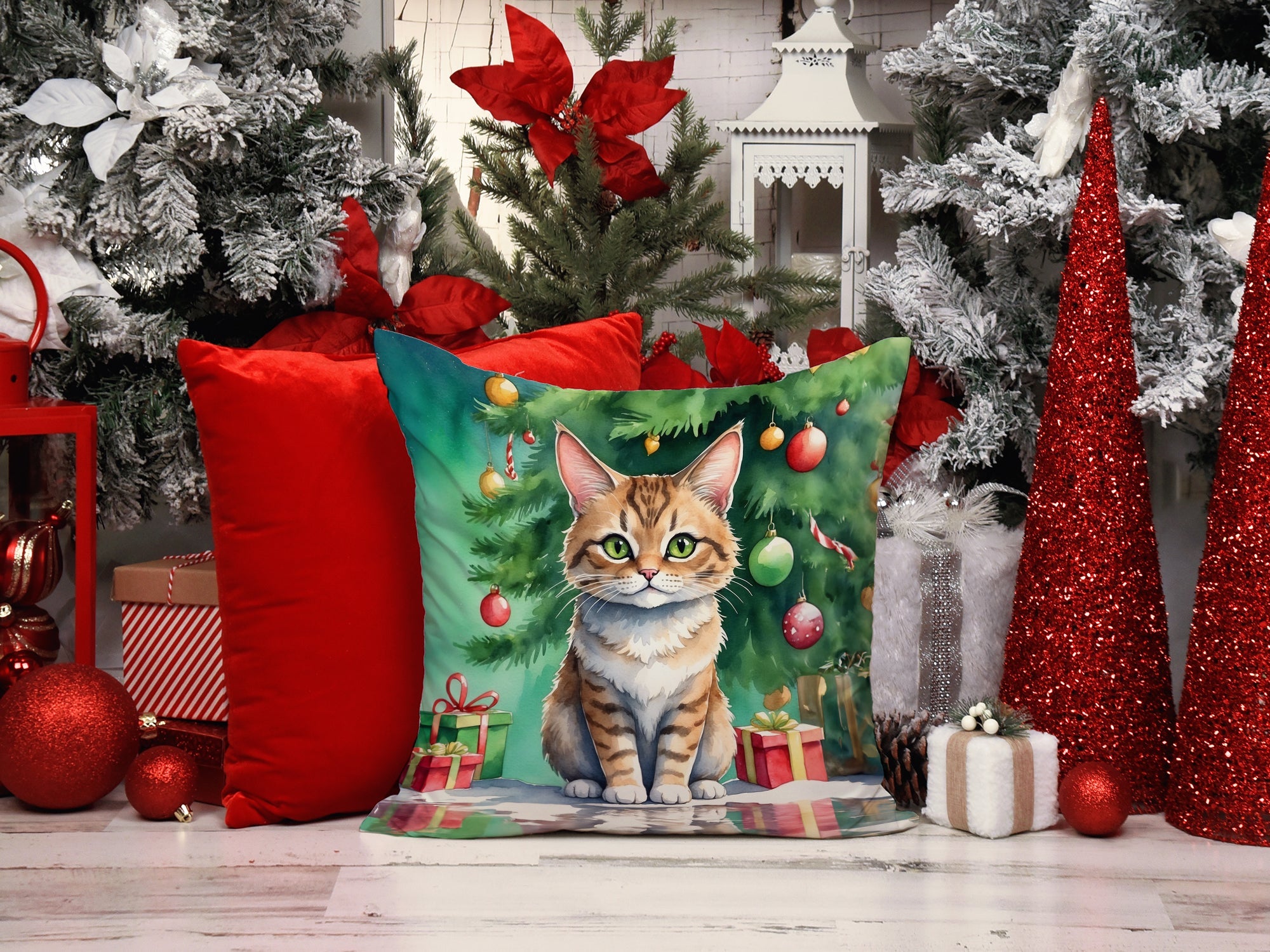 Pixie Bob Cat By the Christmas Tree Decorative Throw Pillow 18x18 Indoor Outdoor Accent Cushion, Fabric Cover with Insert for Sofa, Bed, Porch & Living Room