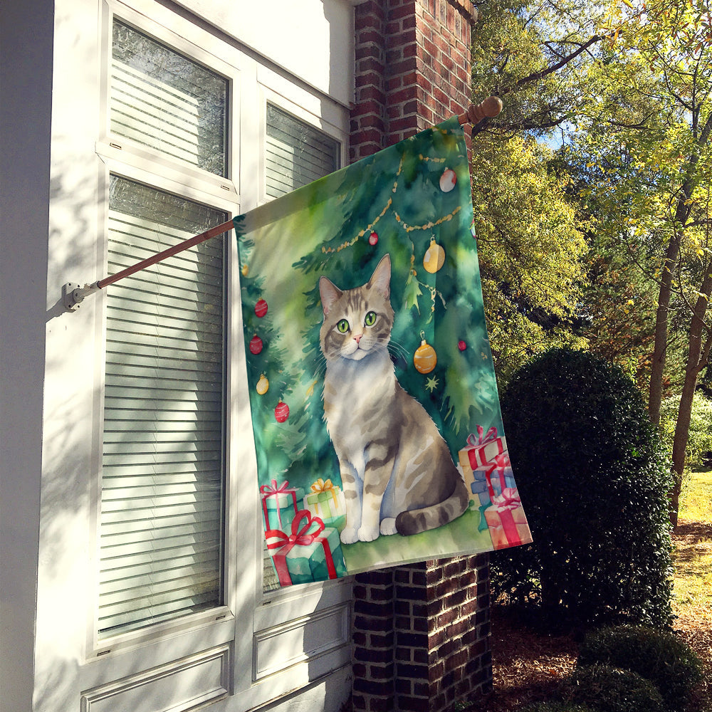 Pudelkatze Cat By the Christmas Tree House Flag 28x40 Porch Sleeve Pole Decorative Outside Yard Banner Artwork Wall Hanging, Polyester