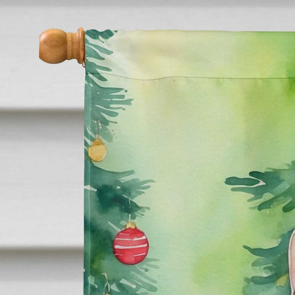 Pudelkatze Cat By the Christmas Tree House Flag 28x40 Porch Sleeve Pole Decorative Outside Yard Banner Artwork Wall Hanging, Polyester