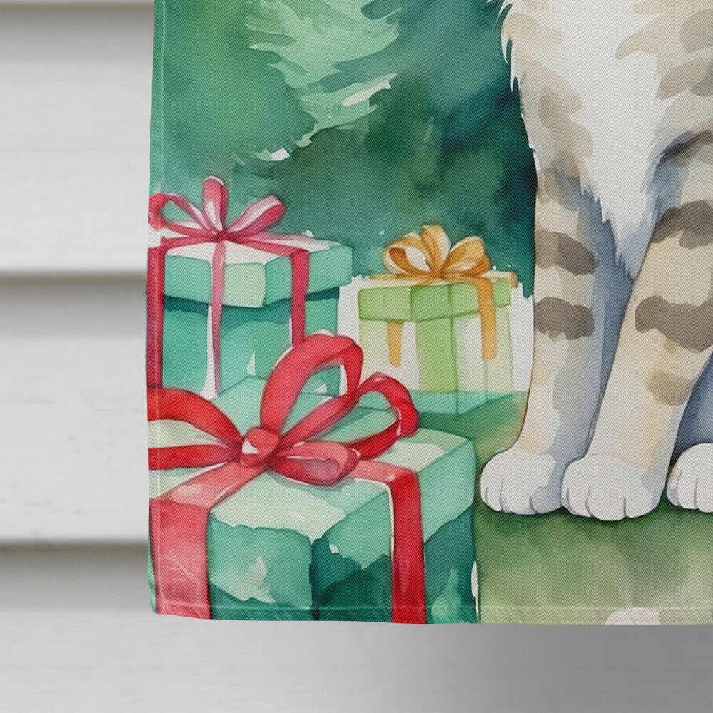 Pudelkatze Cat By the Christmas Tree House Flag 28x40 Porch Sleeve Pole Decorative Outside Yard Banner Artwork Wall Hanging, Polyester