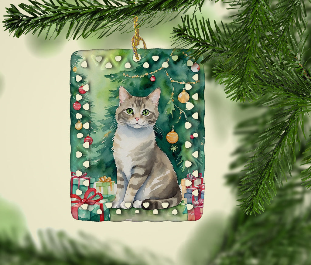Pudelkatze Cat By the Christmas Tree Porcelain Ornament Christmas Tree Hanging Decorations for Home Christmas Holiday, Rectangle, Gift, Multicolor