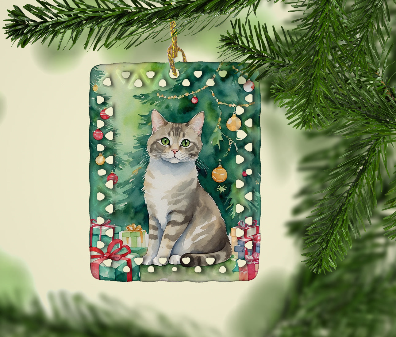 Pudelkatze Cat By the Christmas Tree Porcelain Ornament Christmas Tree Hanging Decorations for Home Christmas Holiday, Rectangle, Gift, Multicolor