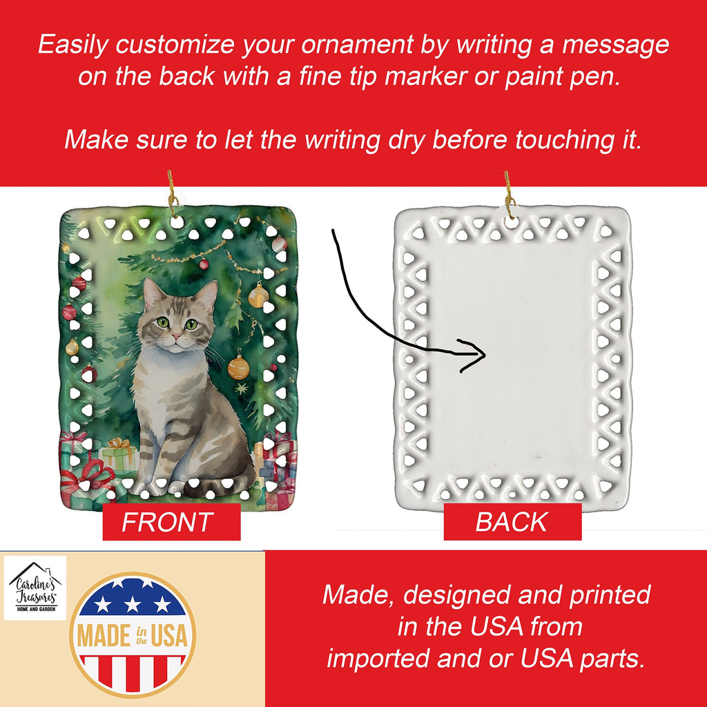 Pudelkatze Cat By the Christmas Tree Porcelain Ornament Christmas Tree Hanging Decorations for Home Christmas Holiday, Rectangle, Gift, Multicolor