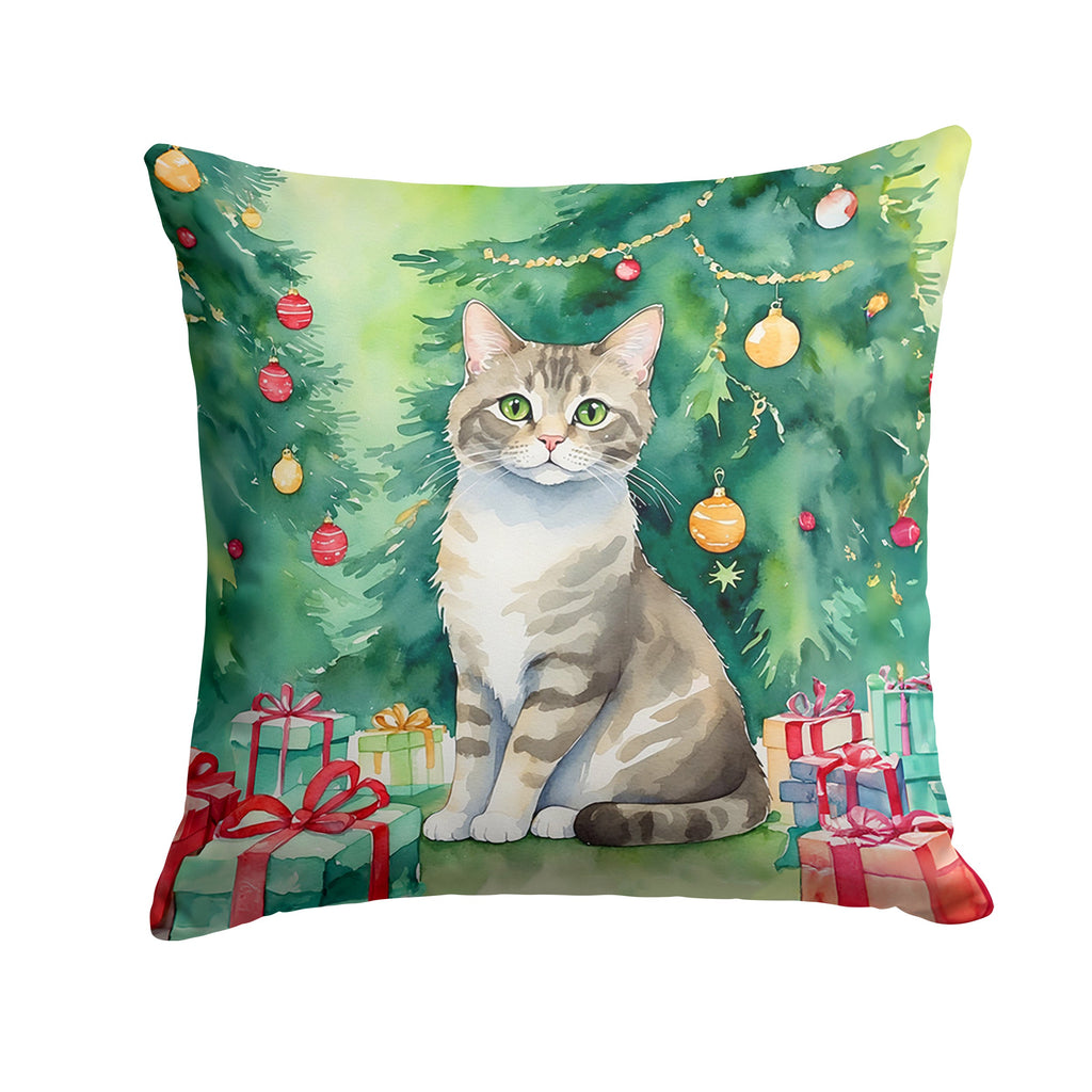 Pudelkatze Cat By the Christmas Tree Decorative Throw Pillow 18x18 Indoor Outdoor Accent Cushion, Fabric Cover with Insert for Sofa, Bed, Porch & Living Room