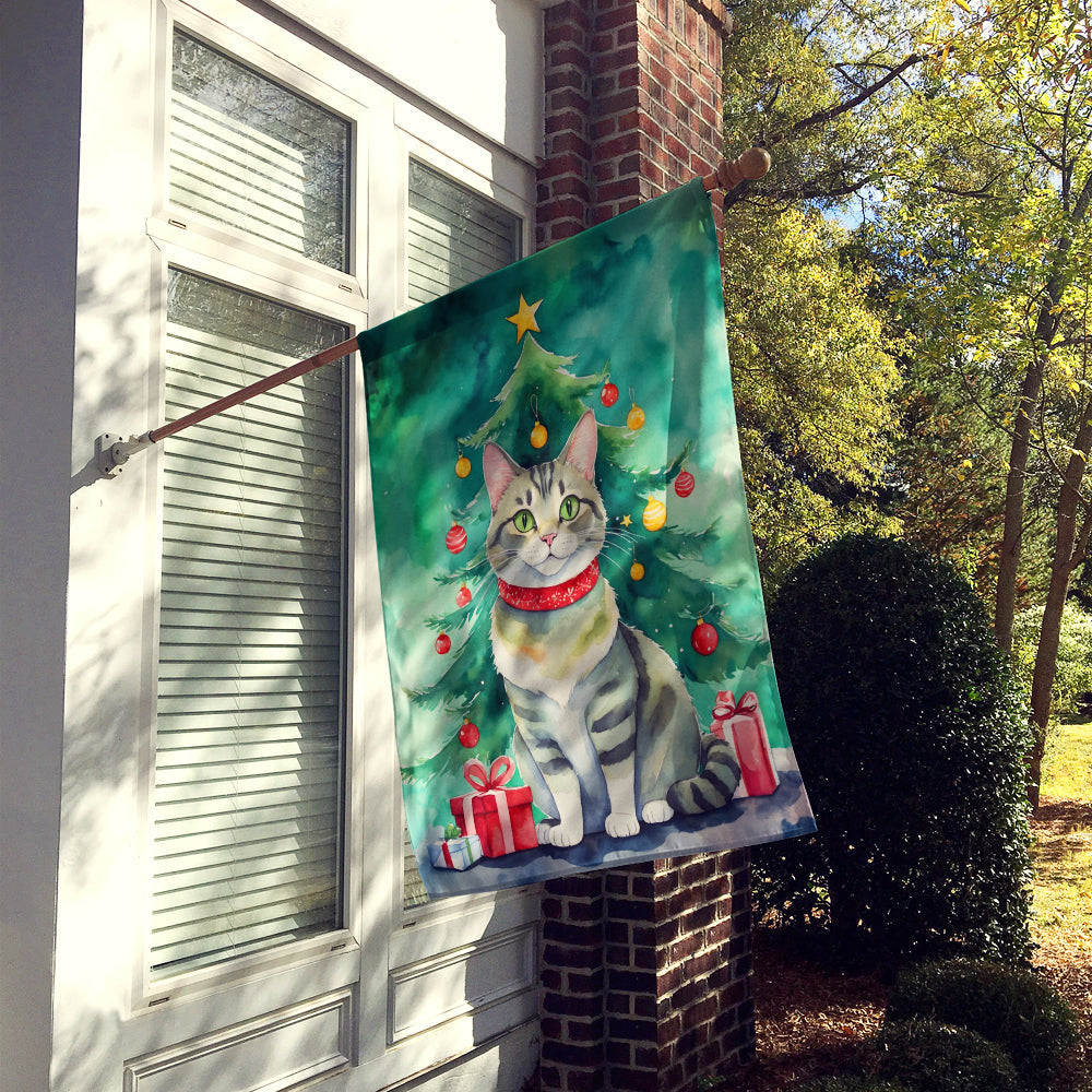 Raas Cat By the Christmas Tree House Flag 28x40 Porch Sleeve Pole Decorative Outside Yard Banner Artwork Wall Hanging, Polyester